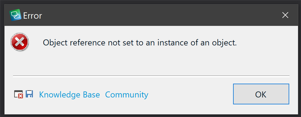 Error dialog box in Trados Studio with a red cross icon, displaying the message 'Object reference not set to an instance of an object.' with options for Knowledge Base and Community, and an OK button.