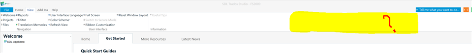 Trados Studio screenshot showing the Welcome screen with Quick Start Guides. A yellow highlight and red question mark indicate confusion on a section of the interface.