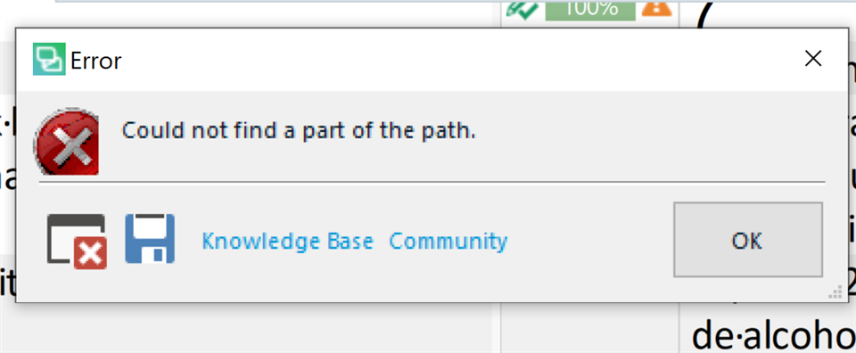 Trados Studio error message window showing 'Could not find a part of the path.' with an 'OK' button and links to 'Knowledge Base' and 'Community'.