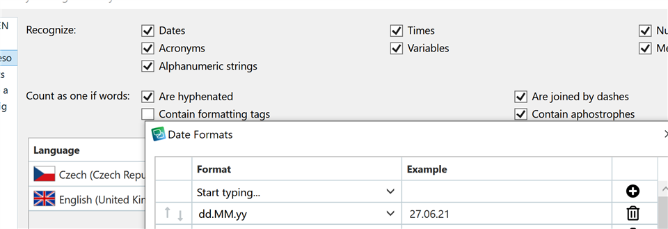 Trados Studio screenshot showing the 'Recognize' settings with 'Dates' checked and a custom date format 'dd.MM.yy' added for English language.