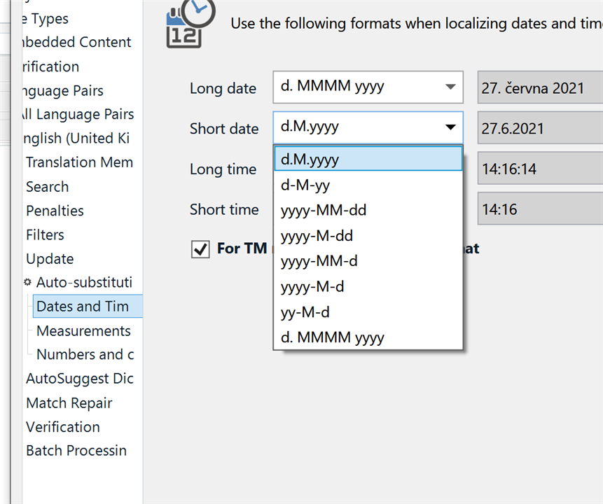 Trados Studio screenshot of 'Auto-substitution' settings for 'Dates and Time' with the custom date format 'd.M.yyyy' highlighted but not appearing in the list.