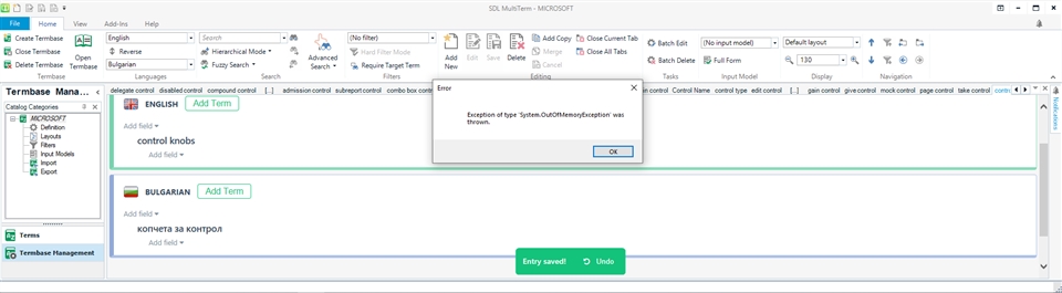 Trados MultiTerm interface showing an error message 'Exception of type System.OutOfMemoryException was thrown.' with an OK button.