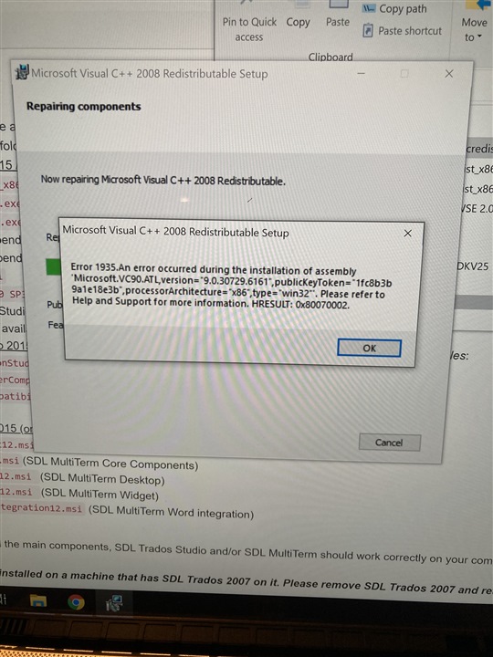 Error message during Microsoft Visual C++ 2008 Redistributable Setup: 'Error 1935. An error occurred during the installation of assembly 'Microsoft.VC90.ATL,version="9.0.30729.6161"'. HRESULT: 0x80070002.