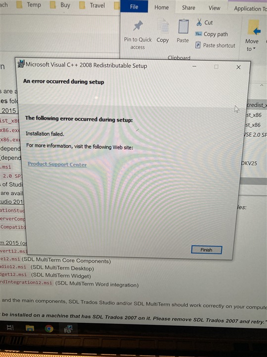 Microsoft Visual C++ 2008 Redistributable Setup error screen with message: 'An error occurred during setup. Installation failed. For more information, visit the following Web site: Product Support Center.'