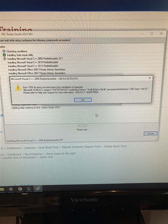 Error message during Trados Studio 2015 installation showing 'Error 1935. An error occurred during the installation of assembly' with HRESULT value.