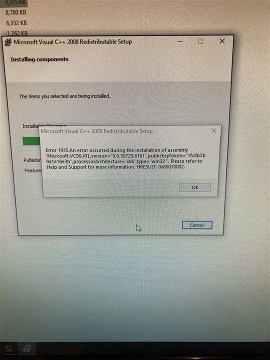Microsoft Visual C++ 2008 Redistributable Setup error message 'Error 1935.An error occurred during the installation of assembly' with HRESULT value.