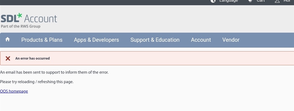 Screenshot of Trados Studio's SDL Account page with an error message stating 'An error has occurred' and instructions to reload the page.