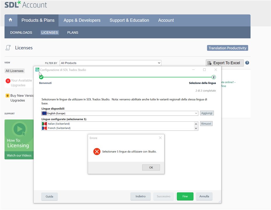 SDL Trados Studio language selection screen showing an error message 'Select 5 languages to use with Studio' with only 2 languages added: English (Europe) and Italian (Switzerland).