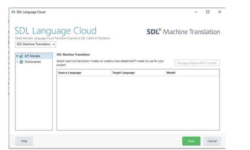 Screenshot of SDL Language Cloud window in Trados Studio 2021 showing options for SDL Machine Translation with empty fields for Source Language, Target Language, and Model.