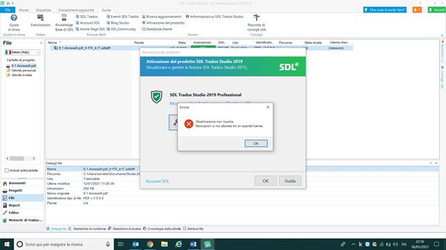 Error message in Trados Studio 2019 Professional stating 'Revocation not allowed for an expired license.'
