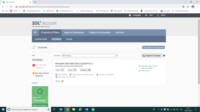 SDL Trados Studio 2019 Professional license details on SDL account page showing no expiry date with status 'Available'.