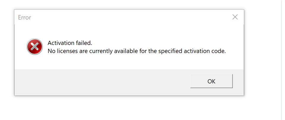 Error message in Trados Studio activation window saying 'Activation failed. No licenses are currently available for the specified activation code.' with an OK button.