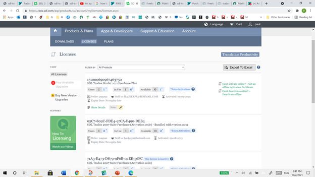 Trados Studio licensing page displaying only old licenses from 2011, no current 2021 software license visible.