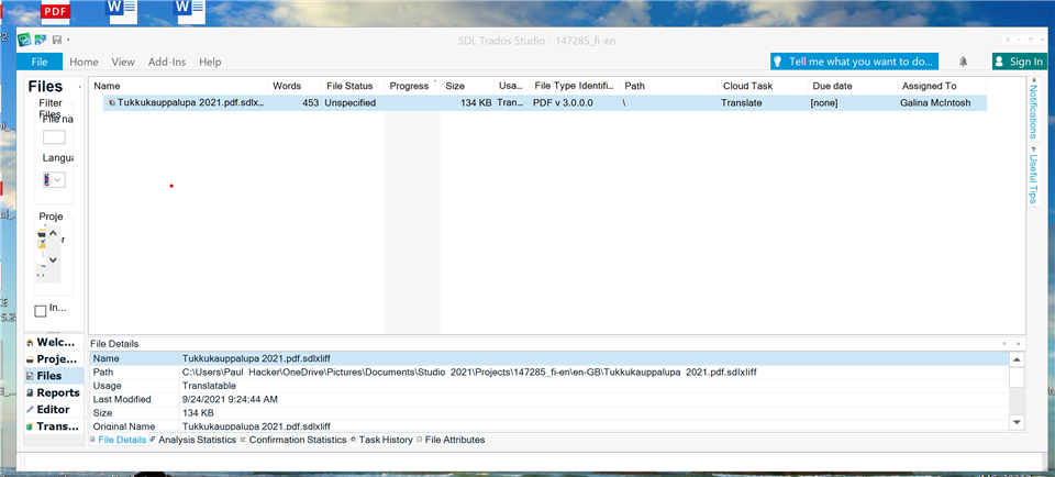 Screenshot of Trados Studio interface with a file named 'Tukkukauppaulpa 2021.pdf.sdlxliff' open, showing 453 words and 134 KB size. No visible errors or version information.
