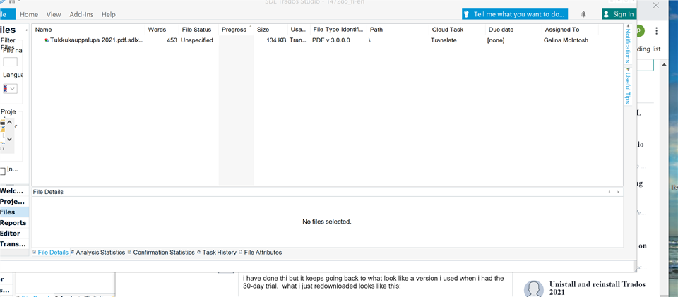 Screenshot of Trados Studio interface showing a single file 'eTukkukaluppakalupa 2021.pdf.sdlxliff' with 'Unspecified' status and a note indicating confusion about the version resembling a 30-day trial version.