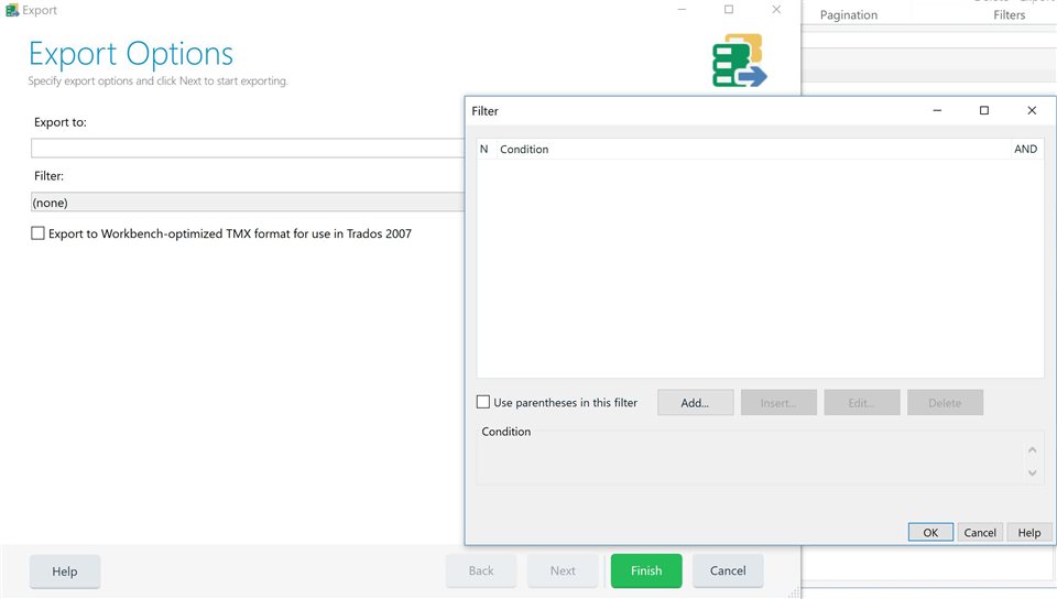 Screenshot of Trados Studio Export Options window with no filter selected and an option to export to Workbench-optimized TMX format.
