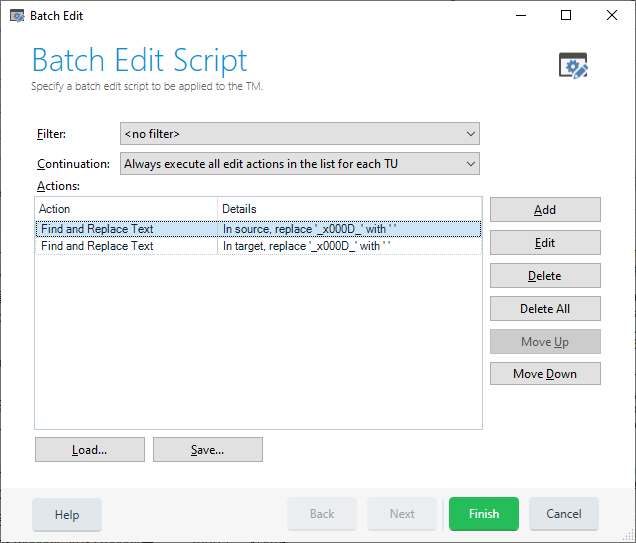 Trados Studio Batch Edit Script window showing actions to replace '_x000D_' with an empty space in source and target text.