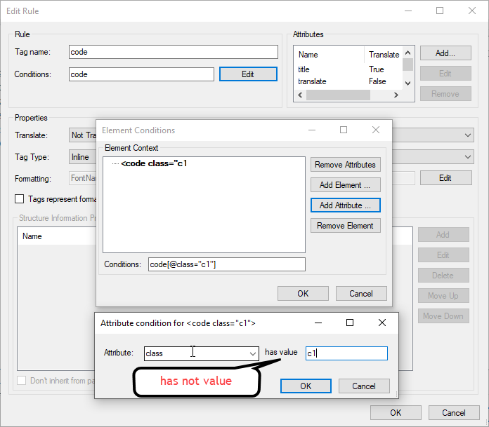 Trados Studio rule editing window showing conditions for the 'code' tag. An attribute condition for 'code class="c1"' is highlighted, indicating it should not be translated.