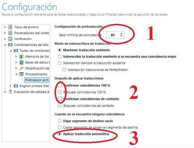 Trados Studio pretranslation configuration with minimum match value set to 85, options to maintain existing translation, and apply machine translation checked.