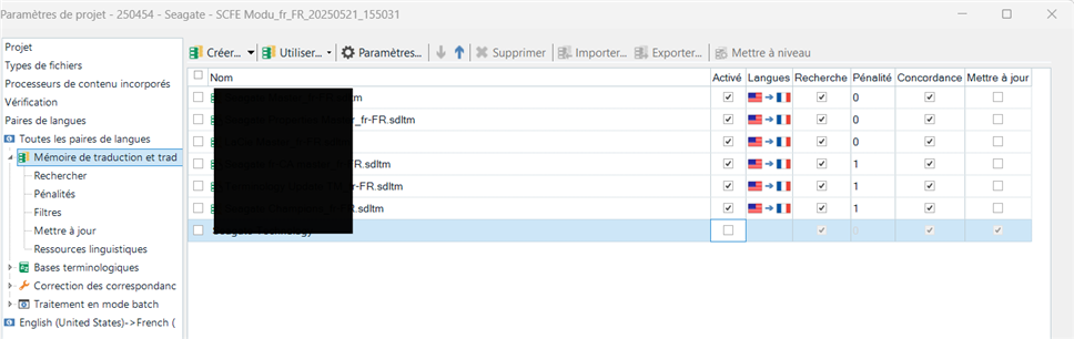 Project settings window showing translation memory list with columns for active status, languages, penalties, and concordance. One checkbox for 'Active' is unticked.