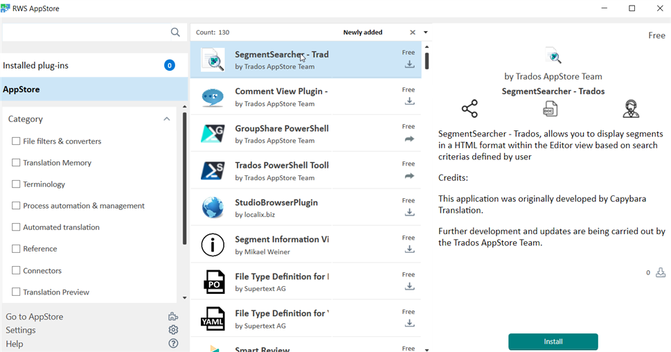 Screenshot of the RWS AppStore interface showing various plugins available for installation. The 'SegmentSearcher - Trados' plugin is highlighted with a description and an 'Install' button visible.