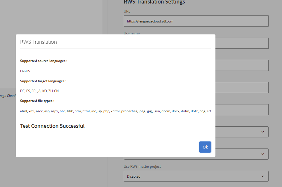 Screenshot of RWS Translation Settings showing supported source language as EN-US, target languages as DE, ES, FR, JA, KO, ZH-CN, and supported file types. Test Connection Successful message displayed at the bottom.