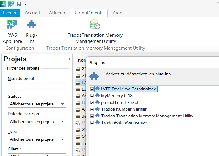 Screenshot of Trados Studio Plugin Management window showing various plugins like IATE Real-time Terminology and MyMemory 5.13 with an option to activate or deactivate plugins.