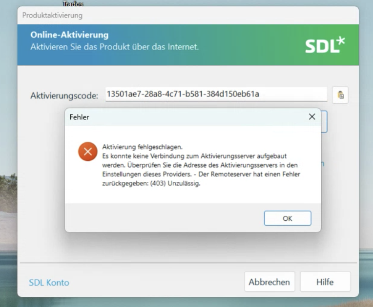 Error dialog box over SDL Trados Studio 2019 activation screen, showing 'Activation failed. Could not connect to the activation server. Check the server address. Error (403): Forbidden.'
