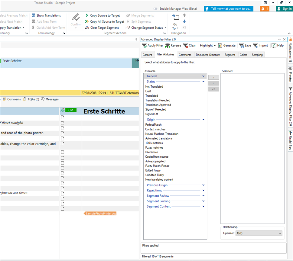 Screenshot of Trados Studio software with the Advanced Display Filter window open, showing various filter attributes for translation segments.