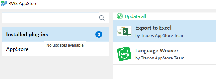 RWS AppStore screen showing 'Language Weaver' and 'Export to Excel' as installed plug-ins with no updates available.