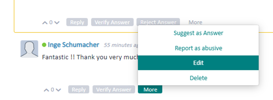 Screenshot displaying a comment by Inge Schumacher with options to 0 vote, Reply, Verify Answer, and a More button with options to Suggest as Answer, Report as abusive, Edit, or Delete the comment.