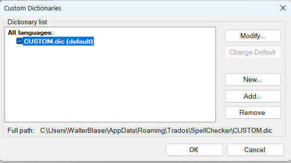 Dialog box titled 'Custom Dictionaries' with a list showing 'CUSTOM.dic (default)' selected. Full path provided at the bottom.