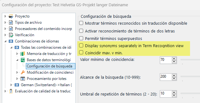 Screenshot of MultiTerm settings in Studio 2024 showing project configuration with options like 'Display synonyms separately in Term Recognition view' highlighted in yellow, indicating it's a new or untranslatable option.