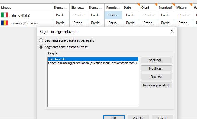 Trados Studio segmentation rules dialog box with 'Full stop rule' and 'Other terminating punctuation' listed under 'Regole di segmentazione' for Romanian language.