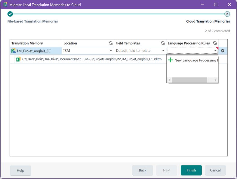 Trados Studio Migrate Local Translation Memories to Cloud window showing one file-based Translation Memory selected with default field template and an empty Language Processing Rules section.
