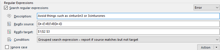 Trados Studio Regular Expressions settings with an error in the description 'Avoid things such as cintur n3 or 3cinturones'.