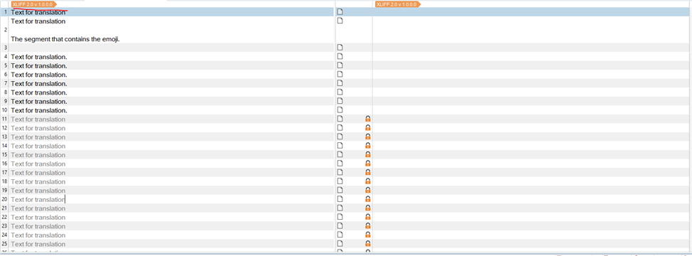 Trados Studio interface showing a list of text segments for translation. The second segment notes 'The segment that contains the emoji.' with a missing emoji symbol. File type indicated as XLIFF 2.0 at the top.