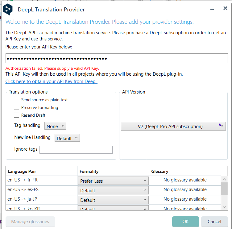 DeepL Translation Provider settings window showing an error message: 'Authorization failed. Please supply a valid API Key.' The API Version is set to 'V2 (DeepL Pro API subscription)'.