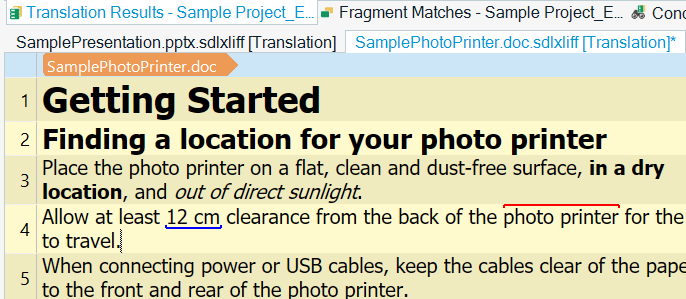 Screenshot of a translation software interface showing a document titled 'SamplePhotoPrinter.doc' with text about getting started with a photo printer, including placement instructions.