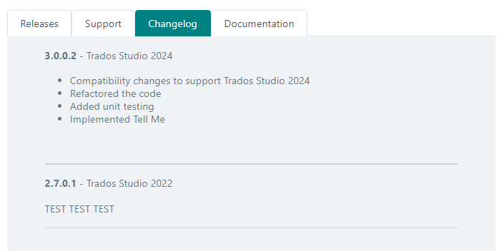 Screenshot of a Changelog tab showing two versions of a software: 3.0.0.2 for Trados Studio 2024 with compatibility changes, code refactoring, unit testing, and 'Tell Me' feature; and 2.7.0.1 for Trados Studio 2022 with placeholder text 'TEST TEST TEST'.