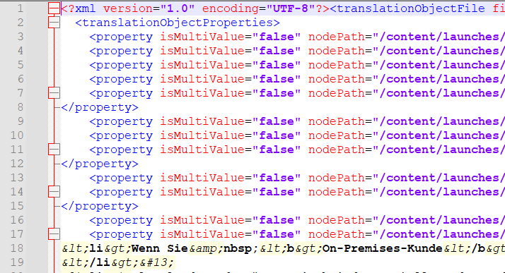 Screenshot of an XML file in Trados Studio with a syntax error highlighted, showing incorrect use of special characters and encoding.