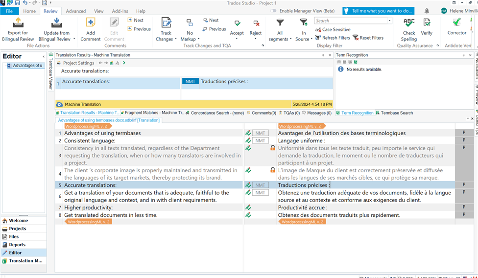 Screenshot of RWS Trados Studio with a document open. The 'Machine Translation' pane is visible with the title 'Accurate translations: Traductions precises'. No visible errors or warnings.
