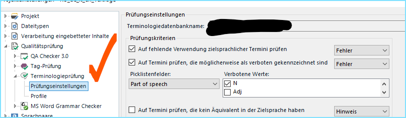 Trados Studio screenshot showing the Terminology Verification settings with options for checking missing target language terms and terms marked as forbidden, with errors highlighted in red.