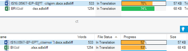 Screenshot of Trados Studio 2021 showing two files in translation with incorrect progress percentages. Top file shows 70% but should be 52%, bottom file shows 74% but should be 53%.