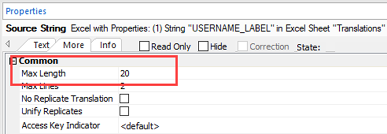 Screenshot showing a properties panel with 'Max Length' field highlighted, value set to 20.