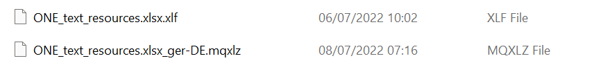 Two files listed, one named 'ONE_text_resources.xlsx.xlf' with a date and 'XLF File' label, and another named 'ONE_text_resources.xlsx_ger-DE.mqxlz' with a date and 'MQXLZ File' label.