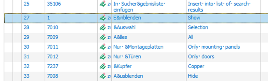 Trados Studio string description table with entries 35106 'Insert into list of search results', 7010 'Selection', 7009 'All', 7011 'Only mounting panels', 7012 'Only doors', 7237 'Copper', 7008 'Hide'.