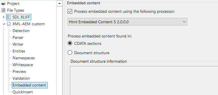 Screenshot of Trados Studio's project settings under 'Embedded content' with 'Process embedded content using the following processor: Html Embedded Content 5.2.0.0.0' selected.