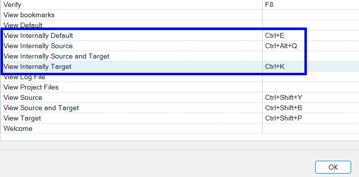 Screenshot of Trados Studio shortcut settings showing 'View Internally Default', 'View Internally Source', 'View Internally Source and Target', and 'View Internally Target' highlighted.