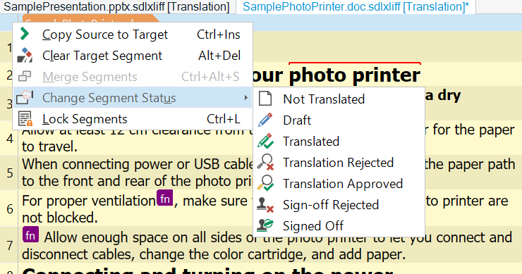 Screenshot of a translation software interface showing a dropdown menu with options such as 'Copy Source to Target', 'Clear Target Segment', 'Merge Segments', and 'Change Segment Status'. A side panel lists translation statuses like 'Not Translated', 'Draft', and 'Translated'.